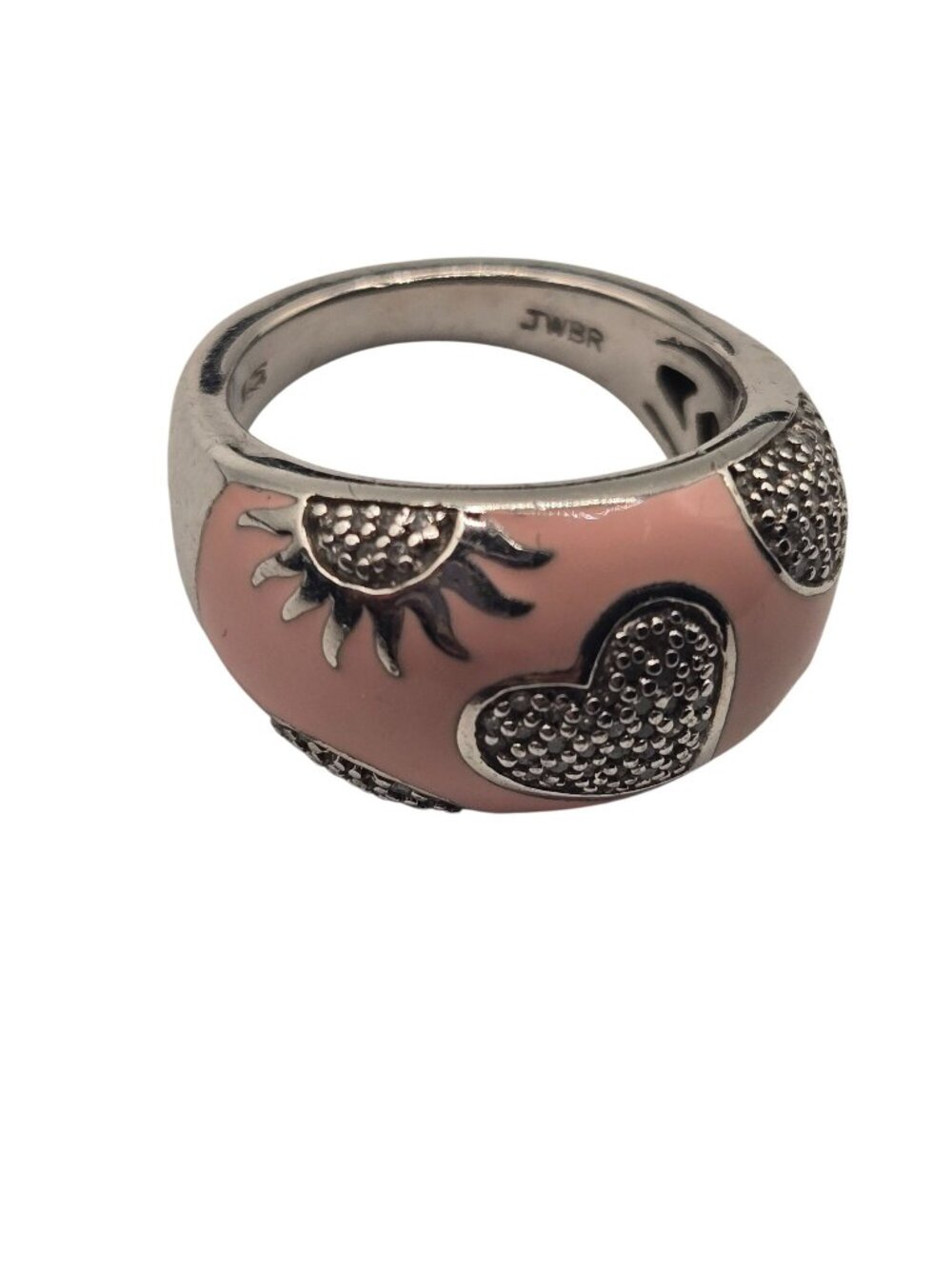 Pink Enamel Sterling Silver Heart Sunburst Dome Ring Size 7 JWBR 925 Marked